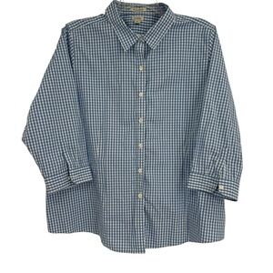 LL Bean Shirt Women Size 3X Blue Check Wrinkle Free Button Up 3/4 Sleeve Cotton